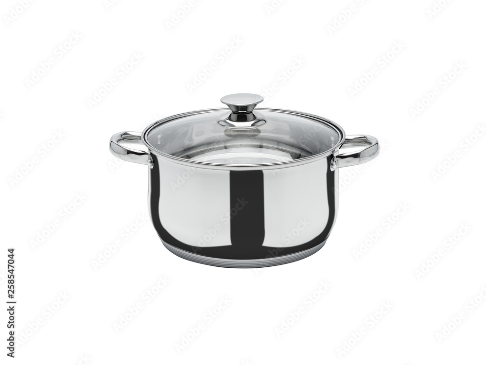 Casserole kitchen kettle dishes silver plated steel isolate white background. Casserole kitchen kettle dishes silver plated steel isolate white background.