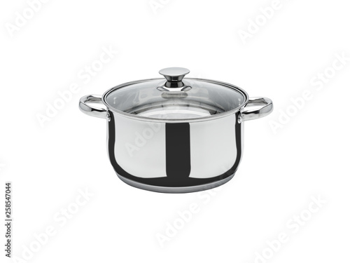 Casserole kitchen kettle dishes silver plated steel isolate white background.
