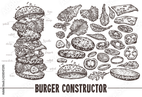 Hand drawn monochrome vector burger with ingredients. Sketch illustration of hamburger products components and elements. Constructor for fast food restaurant menu