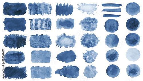 Collection of hand-made blue watercolor painted brushes, smears, blobs, stains, circles, stripes, stickers, spot, blots, slick, web buttons, patch backgrounds creative decorative elements Isolated