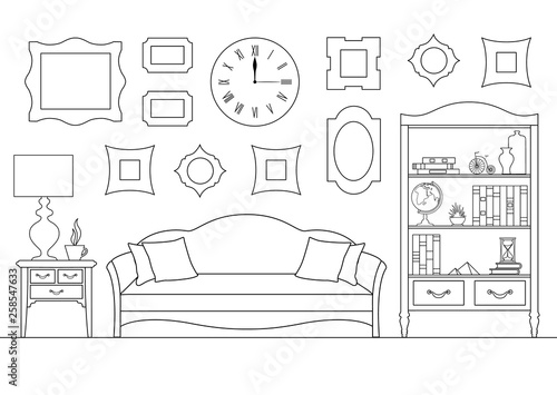 Linear interior with a sofa, a bookcase. Vector illustration in outline style. Living room.