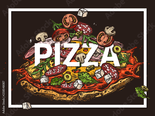 Sketch vector poster with pizza, different ingredients and typography. Trendy hand drawn illustration