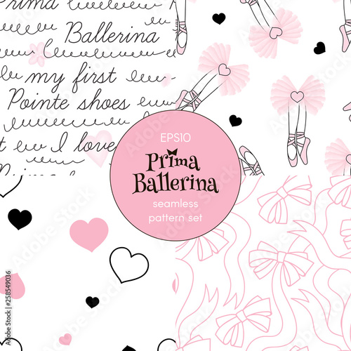 Dancing ballerina legs Ribbon bows Simple heart Doodle calligraphy pattern collection. Ballet themed seamless backgrounds set. Perfect for girlish design, scrapbook paper, childish fashion fabric