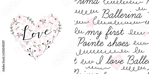 Design set of Pink floral heart with love calligraphic inscription and Doodle calligraphy seamless background. Lovely girlish themed pink coloured vector graphics for apparel t-shirt print, textile