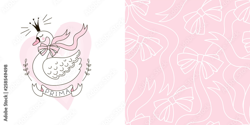 Design set of print with Cute princess swan bird and Doodle ribbon bows seamless background. Lovely girlish ballet themed pink coloured vector graphics for apparel t-shirt print, textile, sleepwer