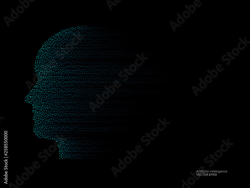 Artificial intelligence technology concept human head shape with light dots particles blue color on black background. Vector in concept technology, communication, digital, ai, science.