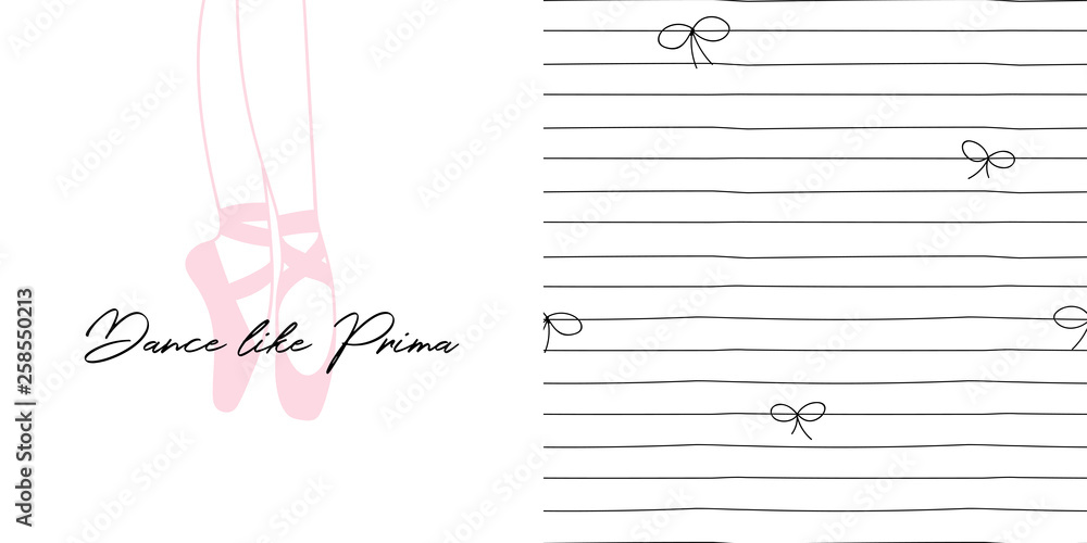 Φωτογραφία Design set of print with Dancing ballerina legs in pointe shoes and Doodle thin lines and bows small-scaled neutral seamless background