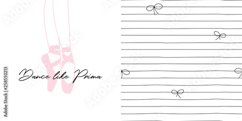 Design set of print with Dancing ballerina legs in pointe shoes and Doodle thin lines and bows small-scaled neutral seamless background. Lovely girlish ballet themed pink coloured vector graphics for