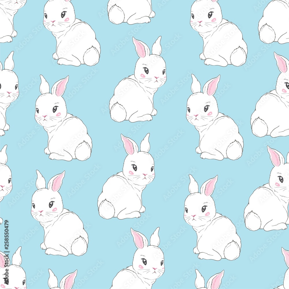 Naklejka premium Seamless pattern with cartoon bunnies for kids. Abstract art print. Hand drawn background with cute animals. Vector illustration