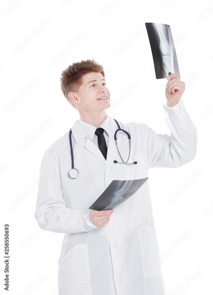 doctor examining x-ray.isolated on a white background doctor examining x-ray.isolated on a white background
