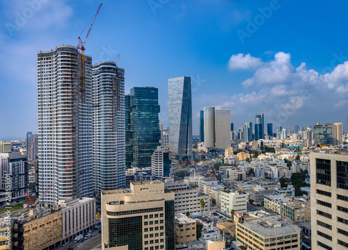 Aerial cityscape of Sarona and Azrieli skyscrapers in Tel Aviv, Israel