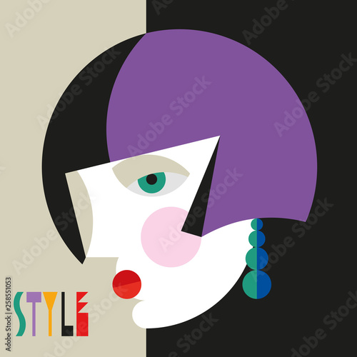 Fashionable stylish woman. Modernist style woman head with stylish headdress. Modernism style art. Geometric shapes art.