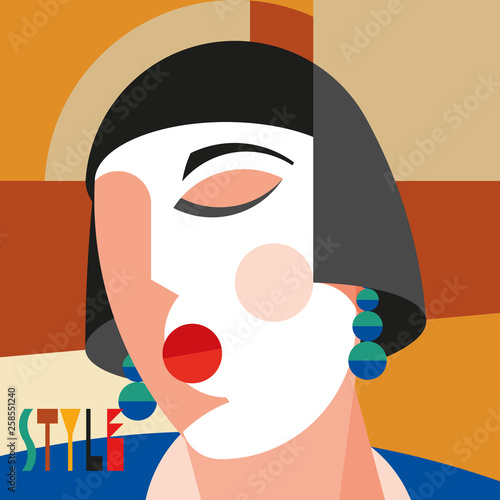 Fashionable stylish woman. Modernist style woman head with stylish headdress. Modernism style art. Geometric shapes art.