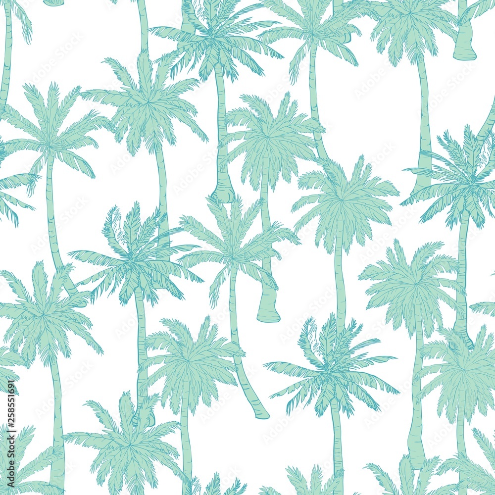 Palm tree pattern. Seamless hand drawn textures on exotic trendy background. Nature textile print. Modern tropical template for web, card, placard, poster, cover, flyer, invitation, brochure, banner.