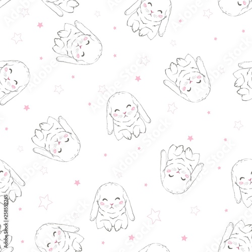 Seamless pattern with cartoon bunnies for kids. Abstract art print. Hand drawn background with cute animals. Vector illustration © Vladimir