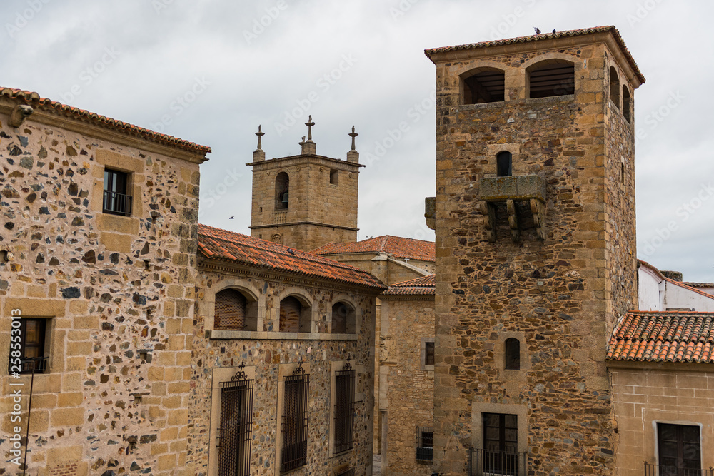 View of the towers and stone buildings of the old town from the Plaza de San Jorge in Caceres.