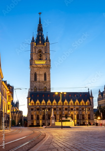 Belfort tower on St. Bavo square at night, Gent, Belgium