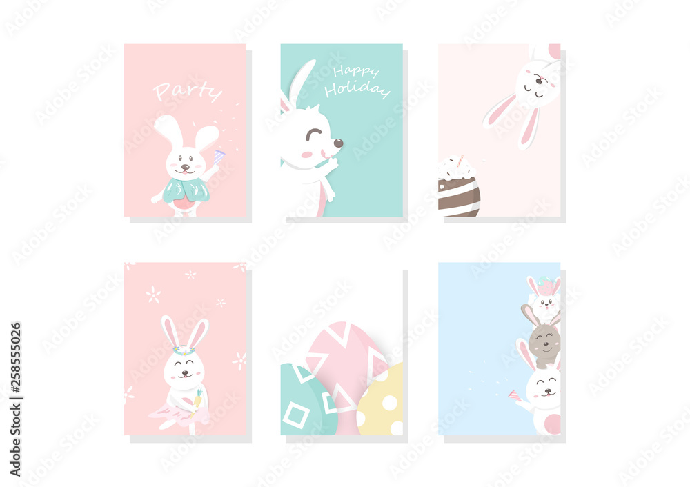 Adorable bunny cartoon, greeting, cover, template, card, pastel cute celebration, Easter day background A4 layout design vector illustration Adorable bunny cartoon, greeting, cover, template, card, pastel cute celebration, Easter day background A4 layout design vector illustration