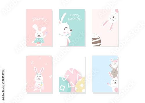 Adorable bunny cartoon, greeting, cover, template, card, pastel cute celebration, Easter day background A4 layout design vector illustration