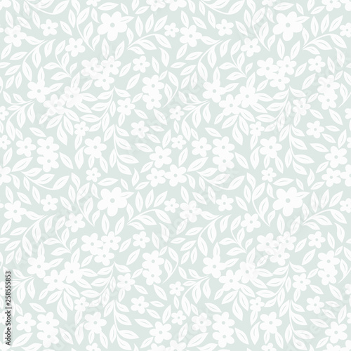 Seamless grey background with white flowers and leaves. Vector retro illustration. Ideal for printing on fabric or paper for wallpapers, textile, wrapping.
