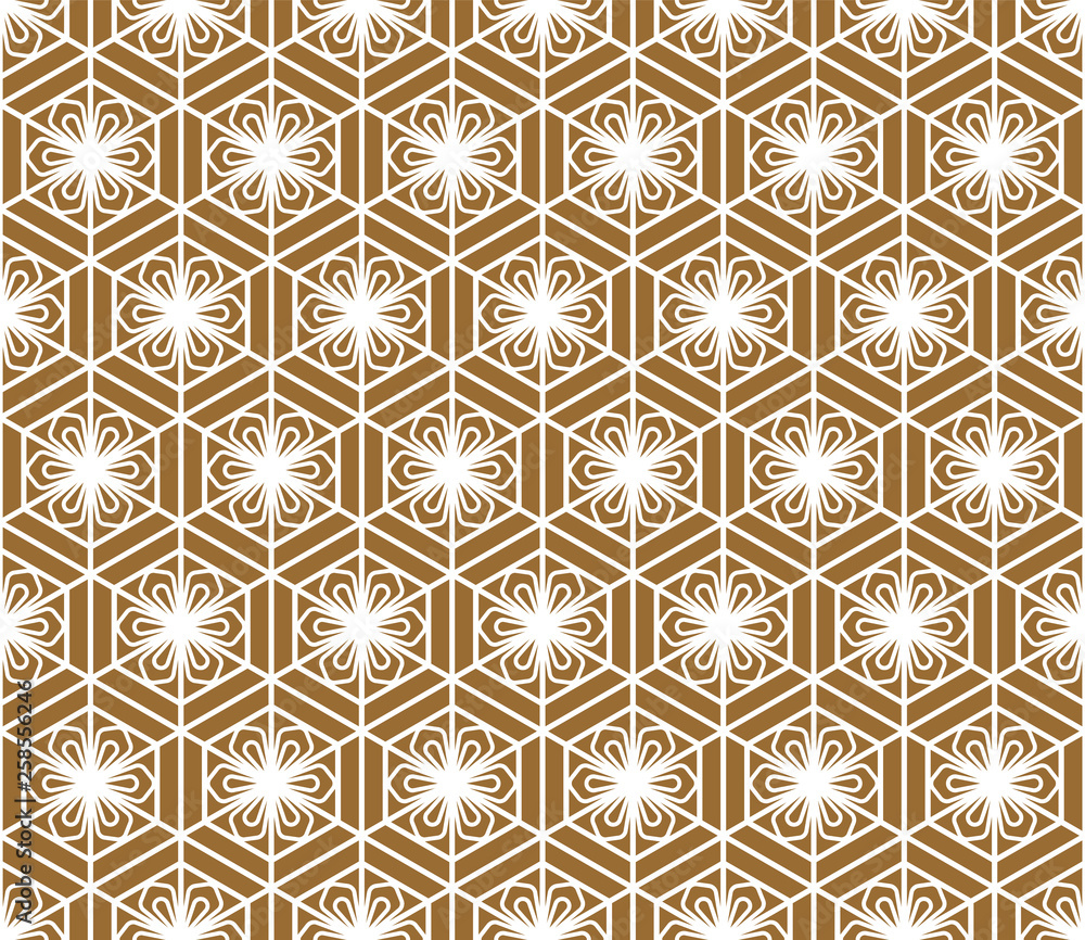 Seamless traditional Japanese ornament.Golden color background.White lines.