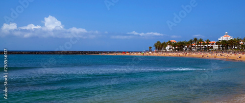 Fototapeta Naklejka Na Ścianę i Meble -  Panorama view of Playa del Camison beach with turquoise water and yellow sand in Las Americas, Tenerife,Canary Islands,Spain.Travel or vacation concept.