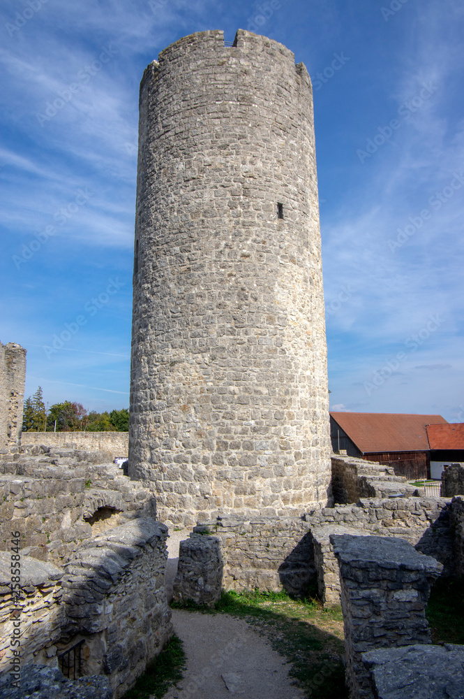 Burgruine Wolfstein old castle ruins with tower, blue sky Burgruine Wolfstein old castle ruins with tower, blue sky