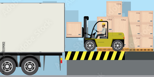 African american warehouse worker loading wooden boxes in long truck.Stack of boxes