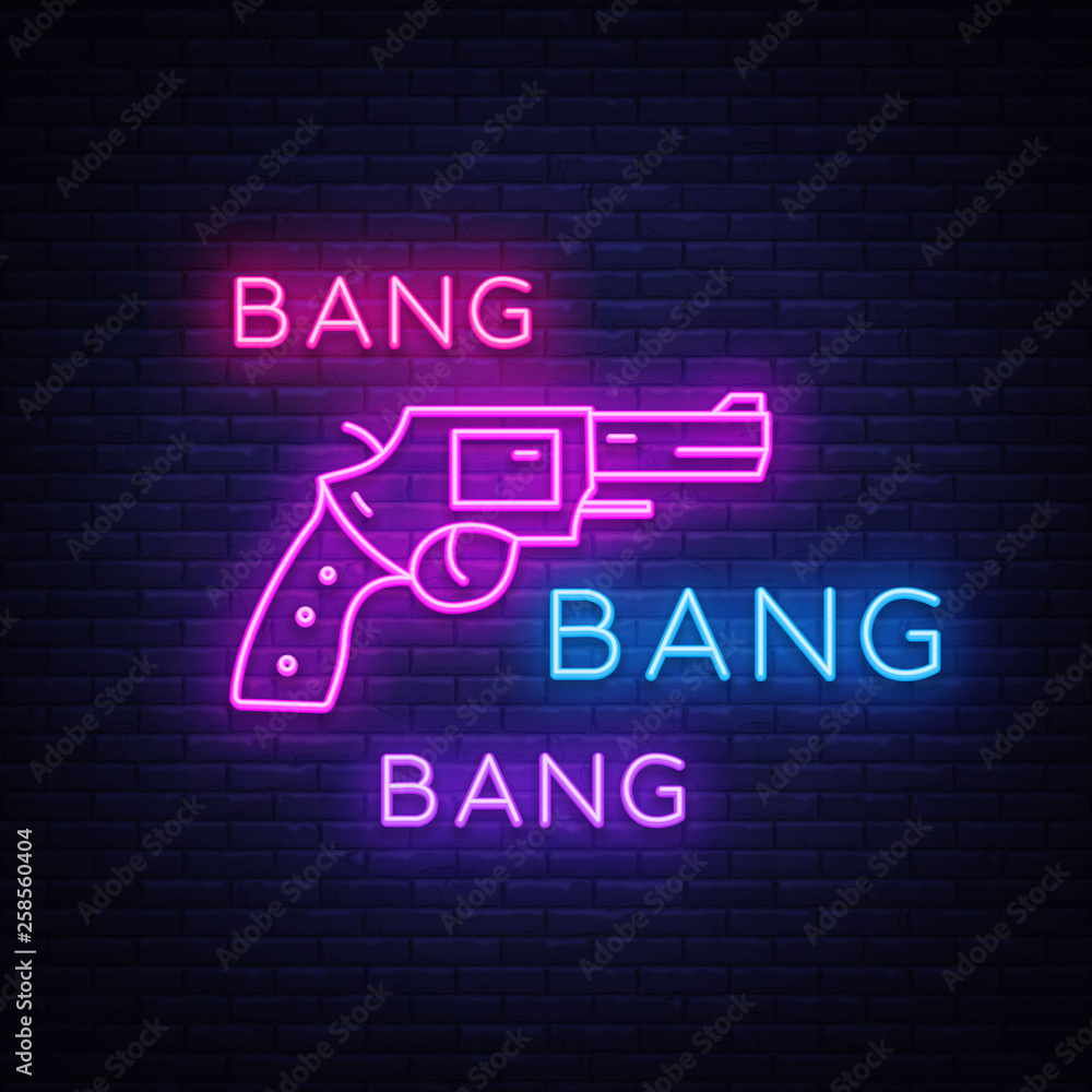 Bang Bang Gun neon sign vector. Pop Art Design template neon sign