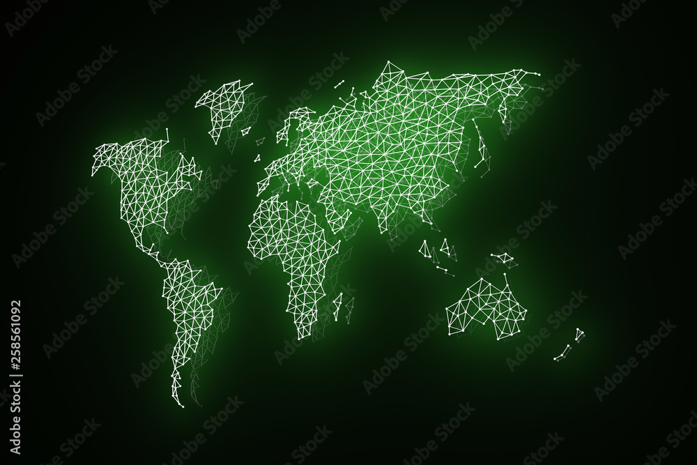 Abstract world map with nodes linked by lines. Green Earth. 3D illustration