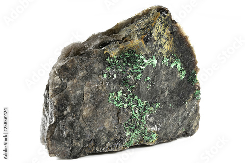 torbernite (uranium ore) from Portugal isolated on white background photo