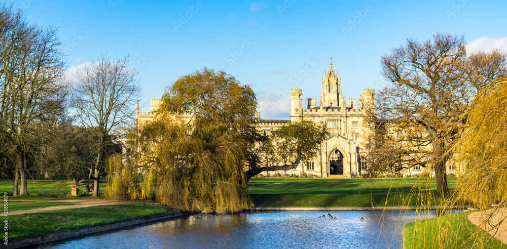 St John's College with beautiful blue sky in Cambridge, UK