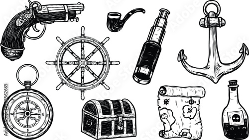 Pirate object vector tattoo by hand drawing.Beautiful picture on white background.Black and white graphics design art highly detailed in line art style.