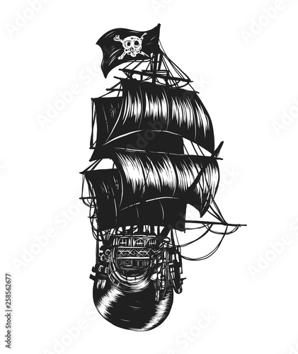 Pirate ship vector tattoo by hand drawing.Beautiful picture on white background.Black and white graphics design art highly detailed in line art style.