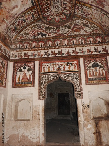 Wall paintings of Orchha Fort and Palace, Madhya Pradesh, India.