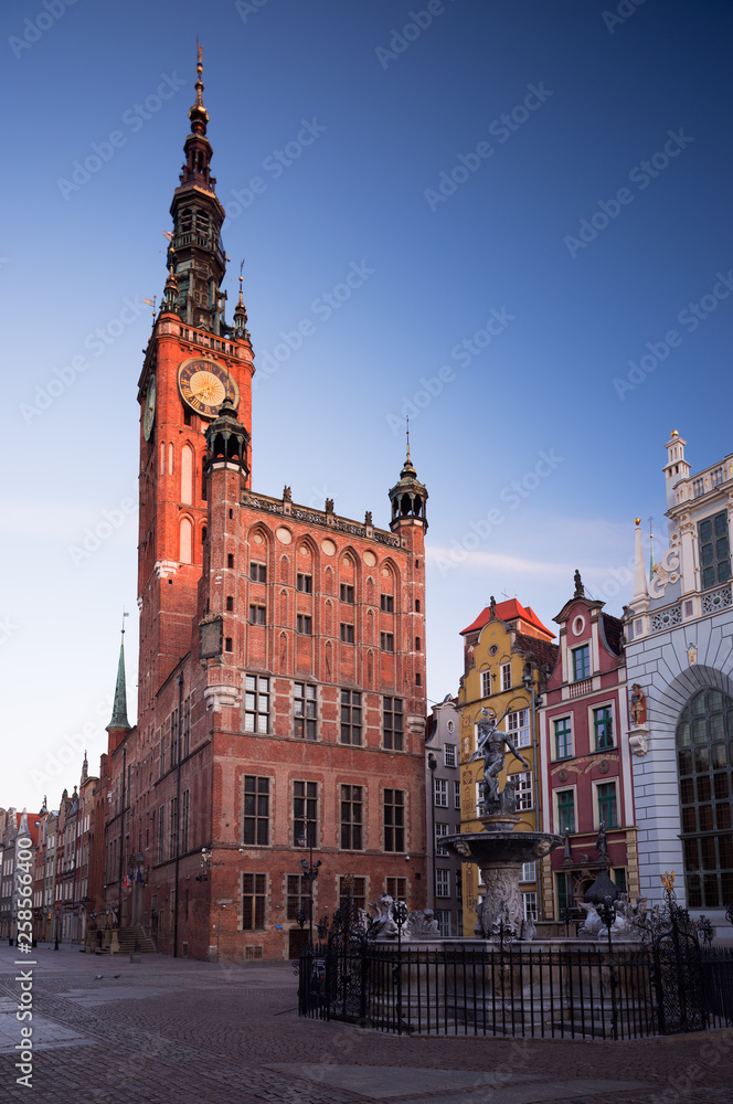 Morning in Gdansk, Poland. City Hall of Main Town on Dulga street. 2 March, 2019