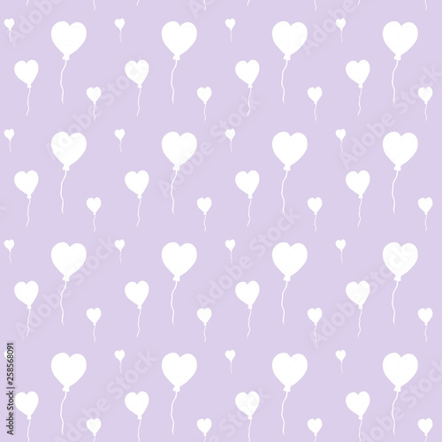 Beautiful air balloons in form of hearts, seamless watercolor pattern on lila background. Can be used for greeting card, wedding invitation. Cute hearts backdrop. Hearts love pattern