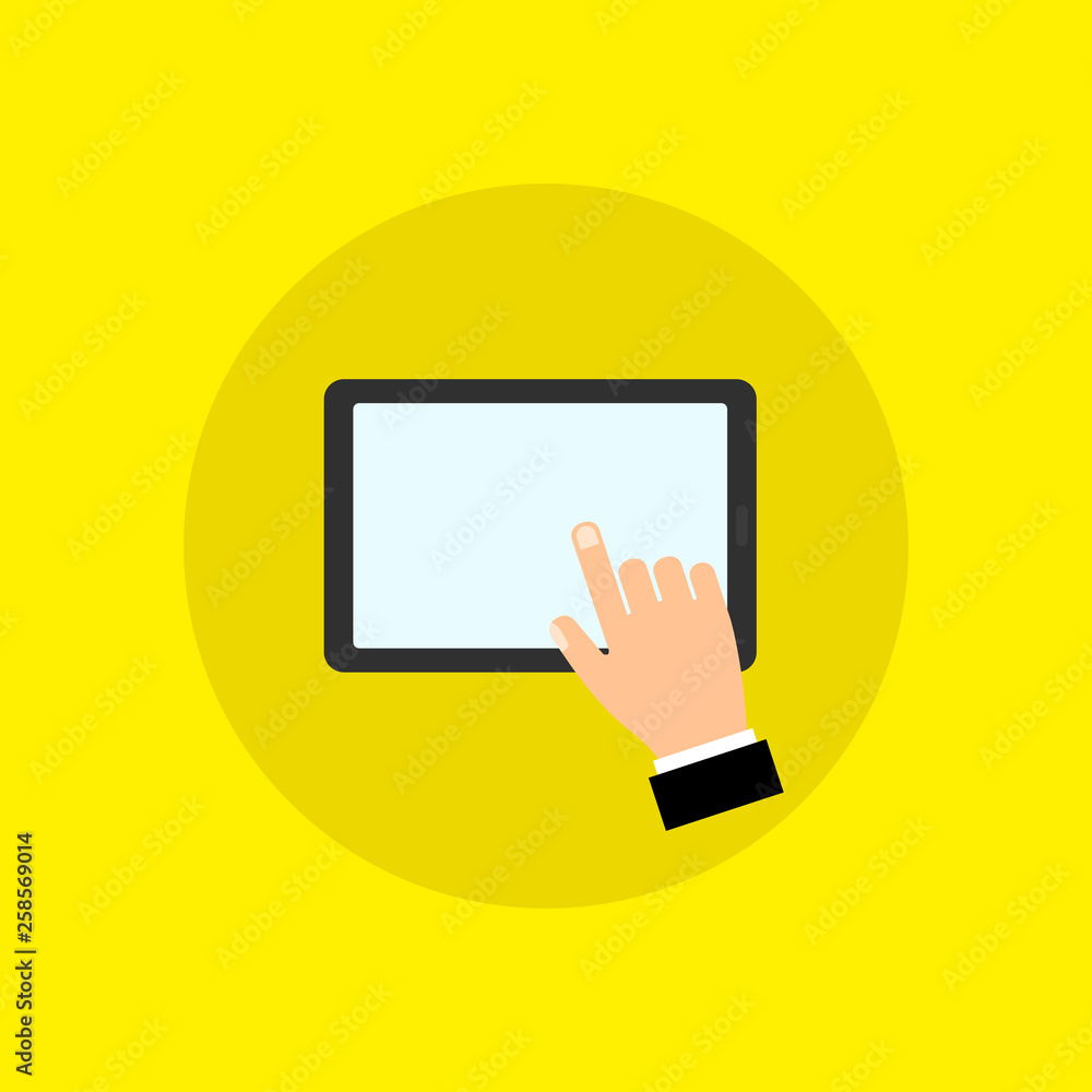 Hand touching blank screen of tablet computer. Tablet gadget flat isolated on yellow background Hand touching blank screen of tablet computer. Tablet gadget flat isolated on yellow background