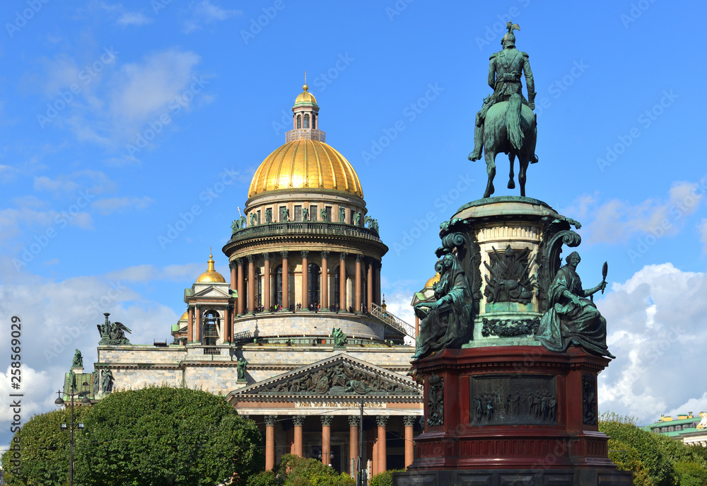 Saint Isaac's Cathedral (1858), Russian Orthodox cathedral and Monument to Russian Emperor Nicholas I (1856) on St Isaac's Square. Saint Petersburg, Russia