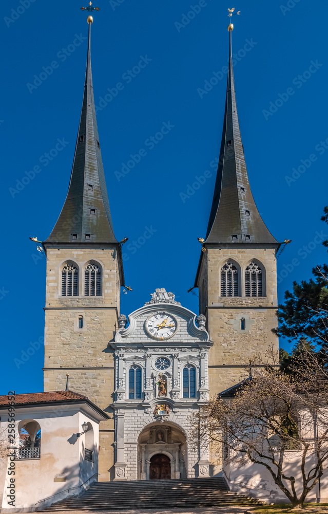 The Church of St. Leodegar (Hofkirche St. Leodegar), a Roman Catholic church in the city of Lucerne, Switzerland. Built on the foundation of the Roman basilica during the Thirty Years War.