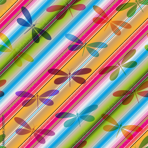 Vivid diagonal striped seamless pattern with colorful translucent dragonflies.