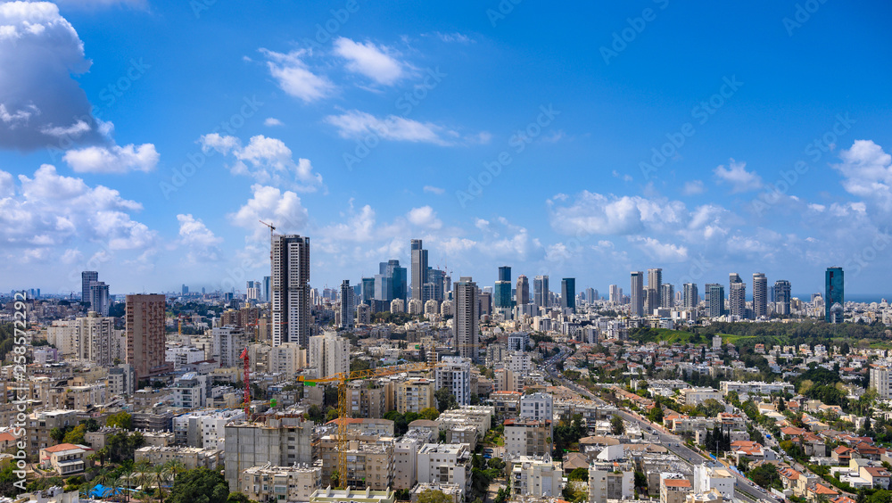 Aerial view of Tel Aviv skyscrapers.