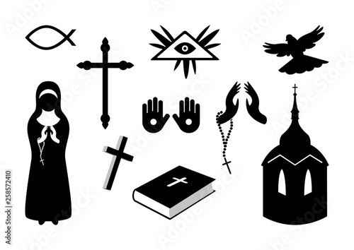 Christian symbols icon set vector. Black and white Religion icons. silhouette of Christian symbols. Set of religious objects. Collection of icons of Christianity. Religious elements