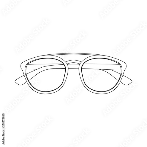 Vector Contour Illustration of Sunglasses. Drawing of Eyeglasses in Line Art Style. Black Outline Drawing of Glasses isolated on White Background. Concept of Summer Object