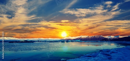 Sunrise over Glacier Lagoon Bay in Iceland.  Winter's day. 