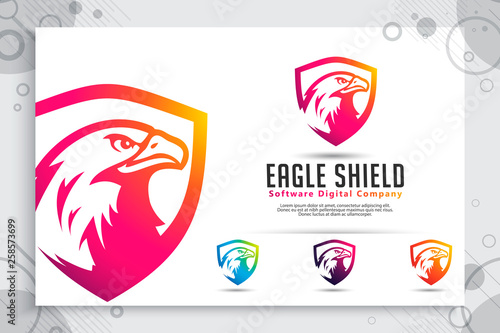 Eagle Shield tech vector logo designs with modern style concept, abstract illustration of bird shield as a symbol of cyber security for digital template company
