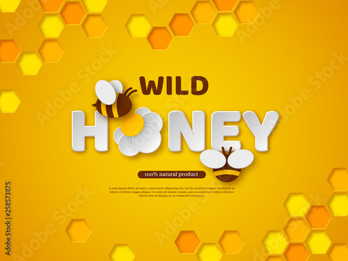 Paper cut style bee with honeycombs. Typographic design for beekeeping and honey product. Orange background, vector illustration.