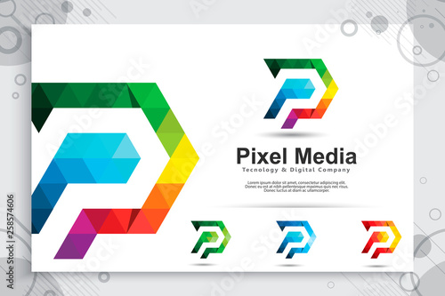 colorful digital pixel letter P vector logo with modern concept , illustration of letter P with pixel concept use for digital template business corporate photo