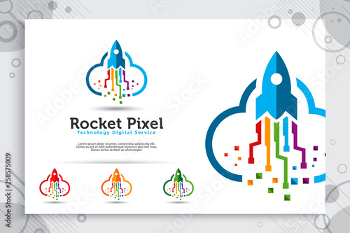 rocket pixel cloud vector logo with simple and colorful concept, illustration rocket cloud, and pixel as a symbol icon of software technology digital template