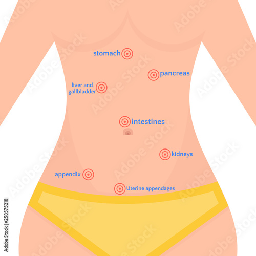 Types of abdominal pain in women, location of pain in the human body, woman health vector illustration
